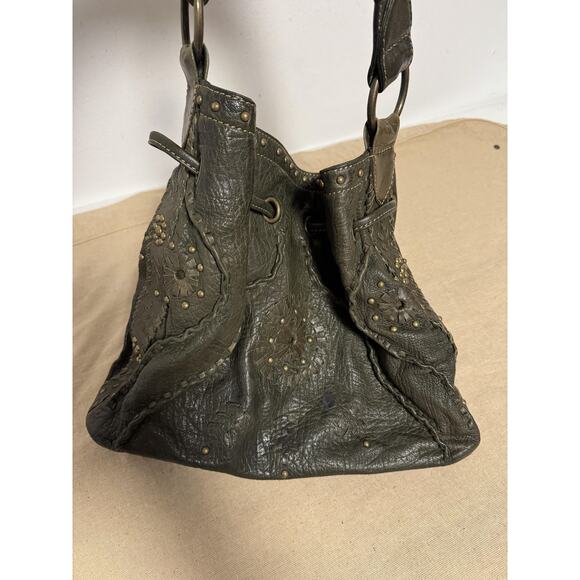 Jamie Drake Hobo Shoulder Bag Womens Olive Green Leather Drawstring Tassel Boho - Picture 4 of 14